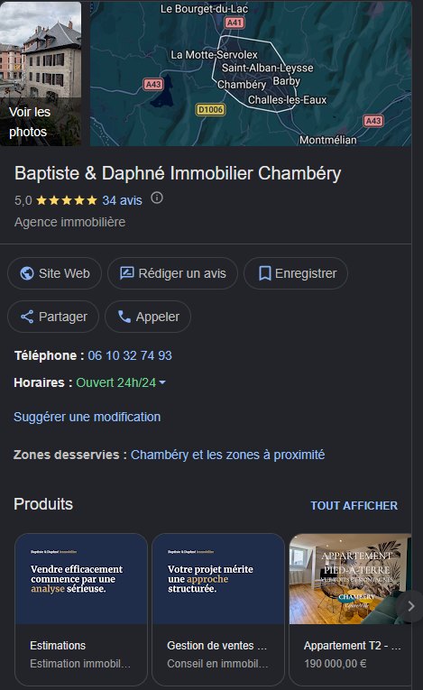 Fiche Google de l'agence Baptiste & Daphné : 5,0 étoiles, 34 avis
